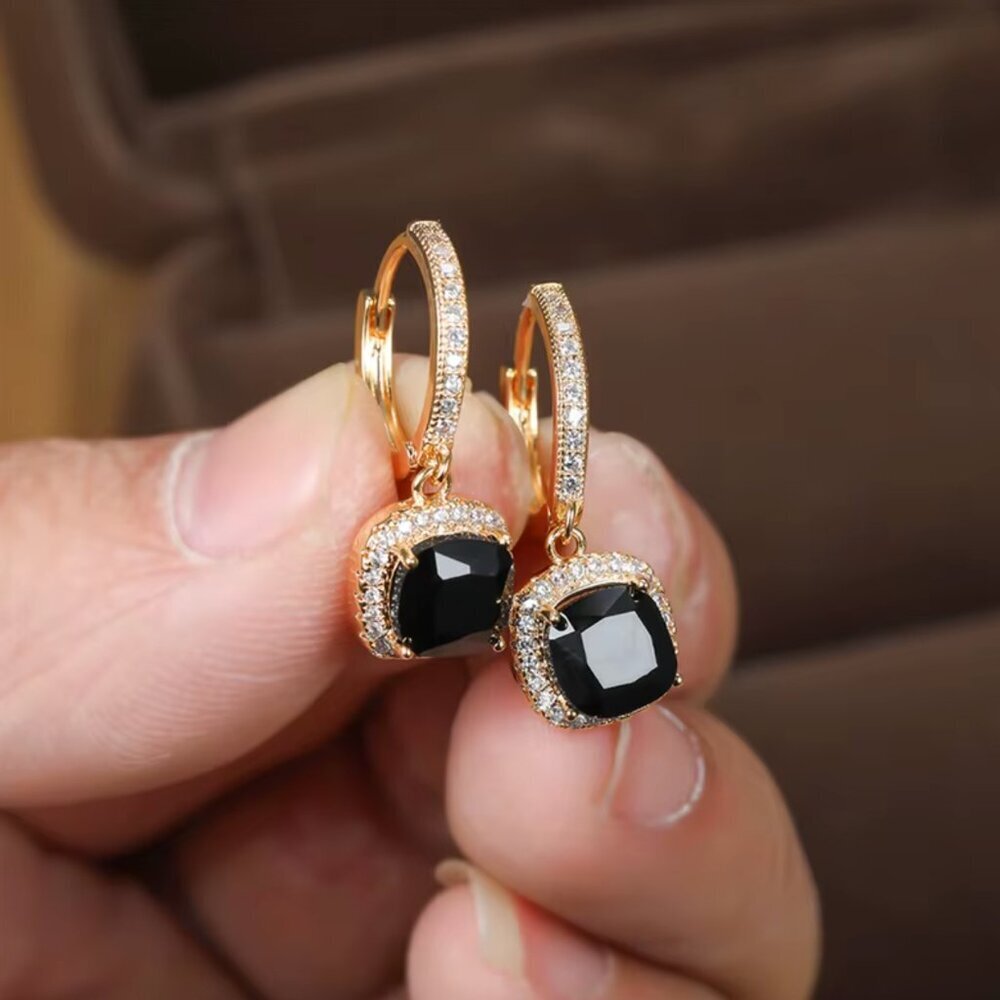 NEW 14k Gold Black Sapphire Diamond Hoop Earrings